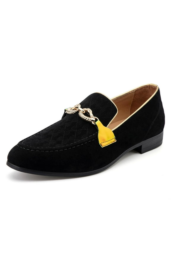 Men's Suede Leather Faux Leather Loafers Wedding Dress Shoes Black Men's Gold Buckle, Black-05, 13 US