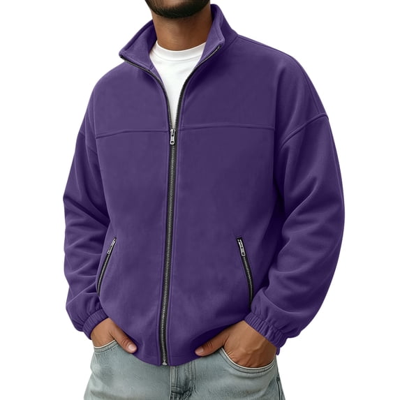 Men's Suede Leather Jacket Solid Color Long Sleeve Casual Jacket Zip Stand Collar Loose Winter Fall Outerwear with Pockets Basic Daily Outer Coat