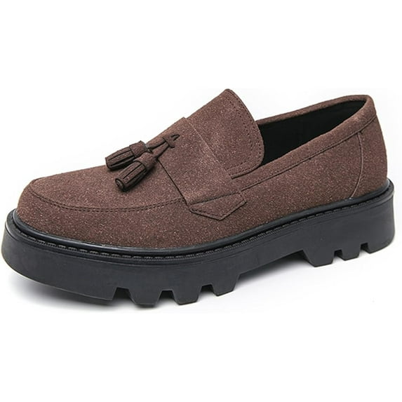 Men's Suede Leather Slip On Tassel Platform Loafers Vintage Round Toe Non-Slip Luxury Formal Shoes Casual Business Penny Dress Loafers