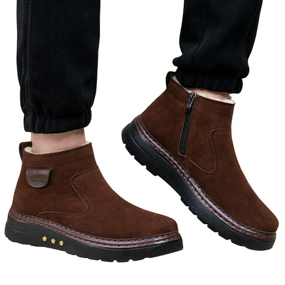 Men's Suede Non Slip Ankle Boots Winter Warm Non Slip Snow Booties Faux Furry Lined High Top Walking Shoes Brown Size 9.5