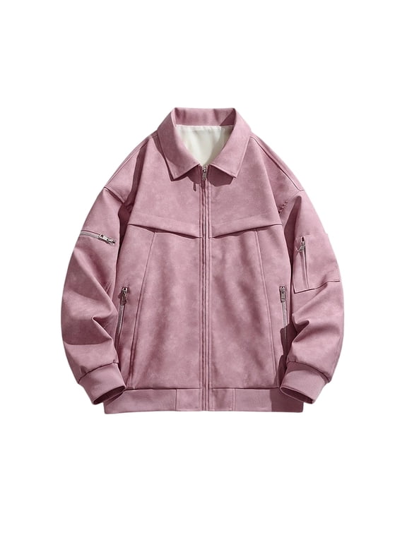 Men's Suede Panel Bomber Jacket, Lapel Zip Outdoor Outerwear, Multi Zipper Cargo Pockets, Ribbed Cuffs, Solid Color, Suitable For Street Gatherings, Urban Leisure Strolls Pink XXXL