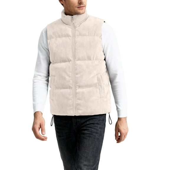 Men's Suede Stand Collar Casual Vest Winter Solid Color Zipper Sleeveless Jacket with Pockets Waistcoat Beige Size XL
