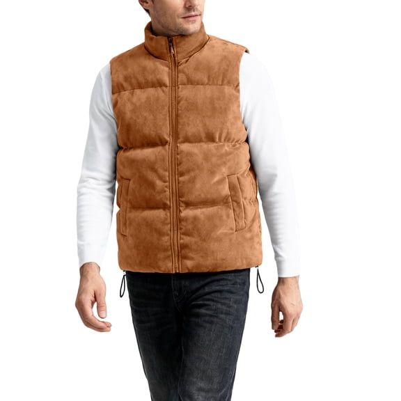 Men's Suede Stand Collar Casual Vest Winter Solid Color Zipper Sleeveless Jacket with Pockets Waistcoat Coffee Size M