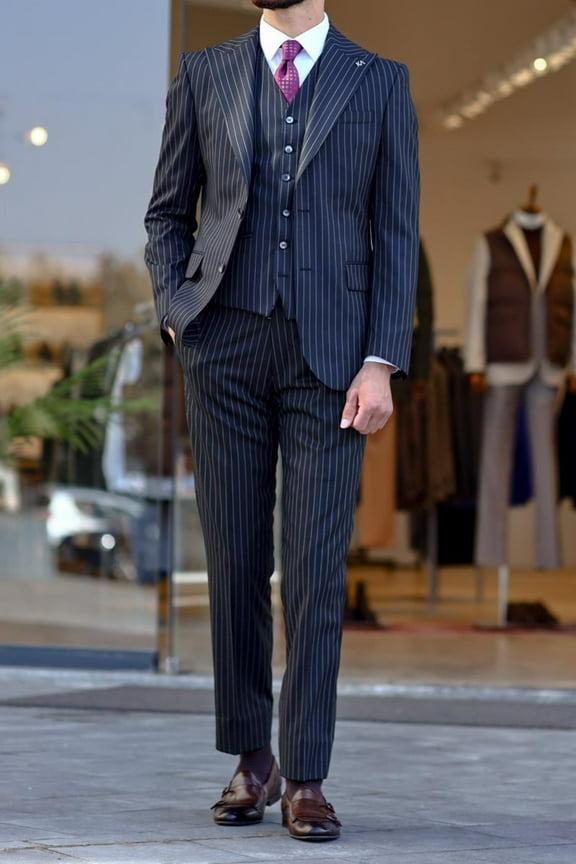 Men's Suit, 100% Handmade Elegance Black Polyester Slim Fit Suit with Vest