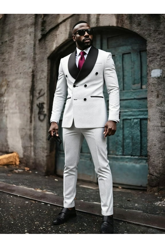 Men's Suit 2-Piece Double-Breasted Tuxedo Paisley Jacquard Shawl Lapel Blazer Jacket & Dress Pants Set for Wedding, Prom, Party