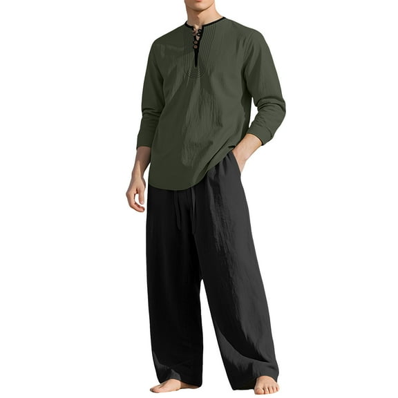Men's Suit 2 Piece Set Casual Long Sleeve Round Neck Shirts Elastic Waist Loose Long Pants Vacation Outfits (XL, Army Green)