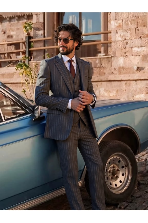 Men's Suit 3 Piece Slim Fit Jacket + Vest + Pants Set | Wedding Formal Business Suits Elegant Tuxedo | Peaked Lapel Blazer