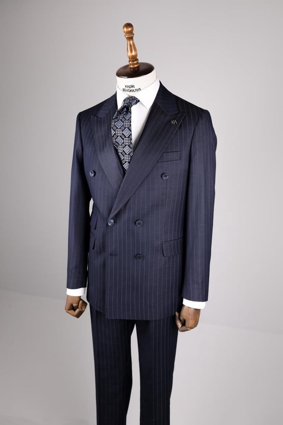Men's Suit, Anthracite Double Breasted Swallow Collar Slim Woven Striped Suit