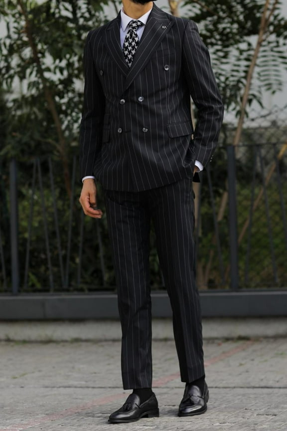 Men's Suit, Double Breasted Swallow Collar Black Woven Tuxedo
