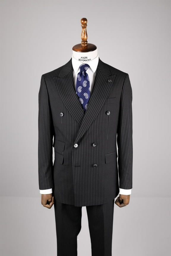 Men's Suit, Double Breasted Swallow Collar Fine Woven Black Suit