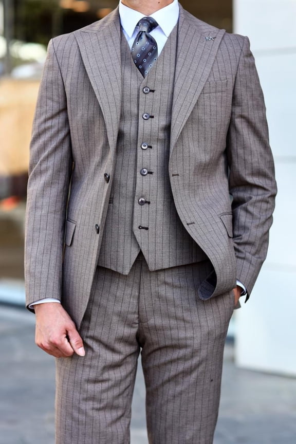 Men's Suit, Elegance Brown Slim Fit Suit with 100% Handmade Polyester Vest