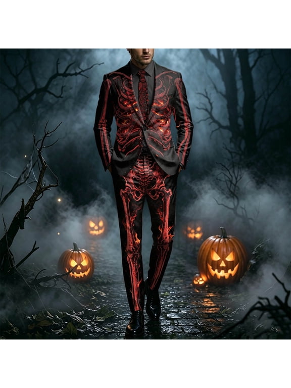 Men's Suit Ensemble for Halloween Party Formal Gothic Skeleton Three Piece Set Elegant Dark Style Men’s Three Piece Suit for Spooktacular Occasions, Black, XL