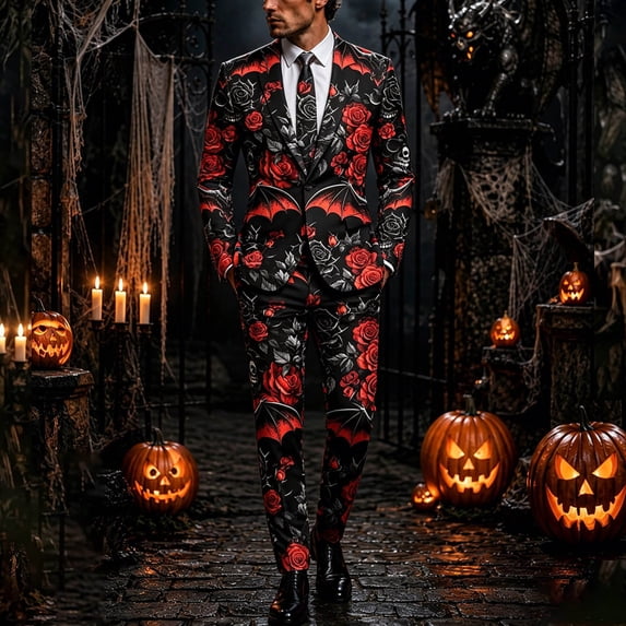 Men's Suit Ensemble for Halloween Party – Elegant Print with Trousers and Coordinated Set for Everyday Style, Red, XXXL