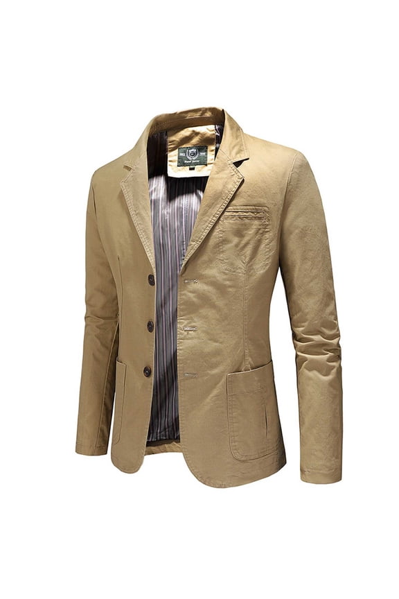 Men's Suit Jacket 100% Cotton Washed Retro Single Breasted Blazer Slim Long Sleeve Outwear Wedding Formal Coat