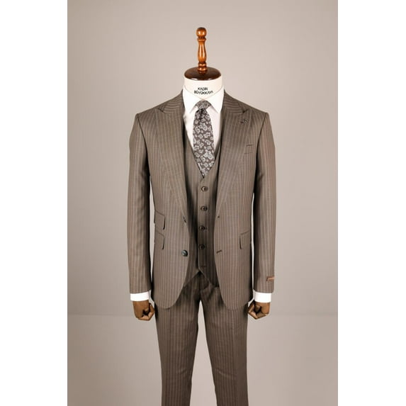 Men's Suit Polyester Slim Fit Brown Suit with Woven Vest