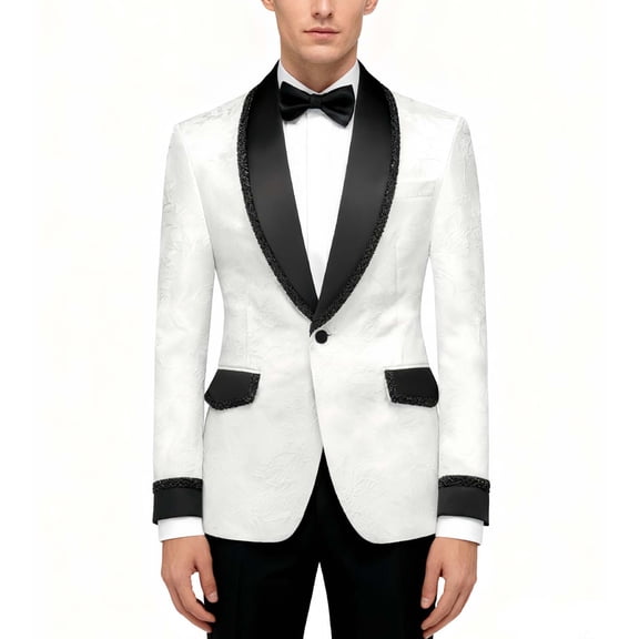 Men's Suit Shawl Lapel Beaded Tuxedo Set, Jacquard Paisley Pattern Jacket with Black Pants, Formal Wear for Wedding Prom Party Blazer