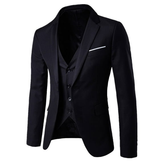 Men’s Suit Slim 3-Piece Suit with Jacket Vest and Pants - Business Wedding Party Attire for Formal Events, Celebrations, and Professional Occasions,Black,L