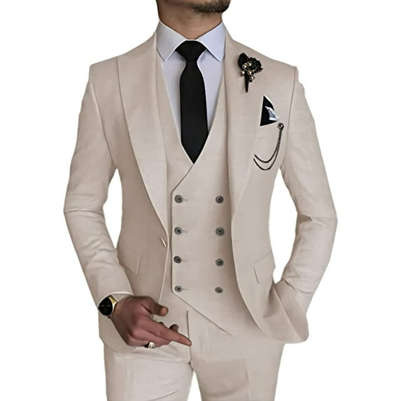 Men's Suit Slim Fit 3 Piece Suit Double Breasted Suit One Button Formal Wedding Prom Suits Beige M