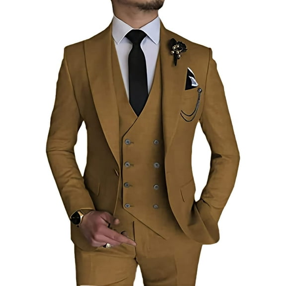 Men's Suit Slim Fit 3 Piece Suit Double Breasted Suit One Button Formal Wedding Prom Suits Brown XXS