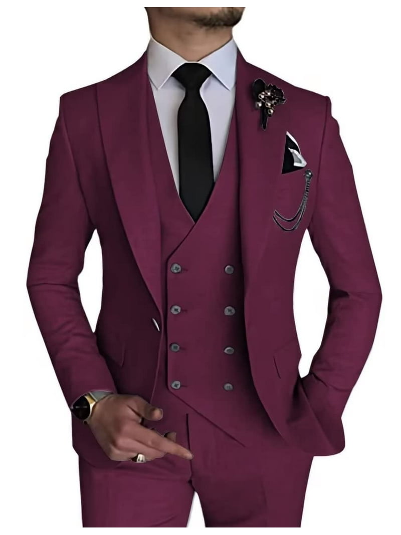 Men's Suit Slim Fit 3 Piece Suit Double Breasted Suit One Button Formal  Wedding Prom Suits Burgundy M - Walmart.com