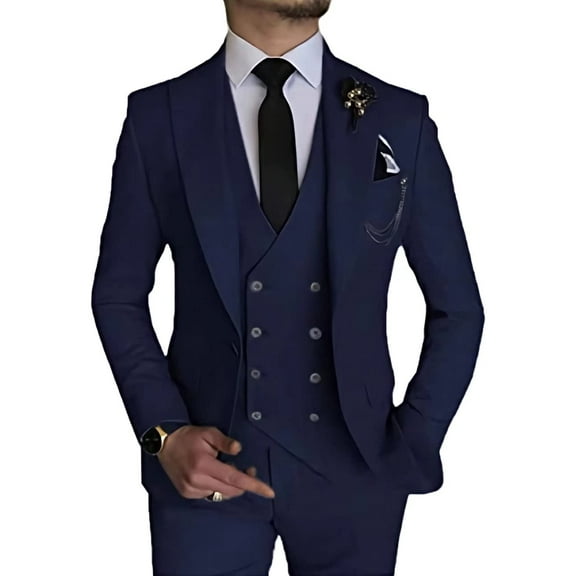 Men's Suit Slim Fit 3 Piece Suit Double Breasted Suit One Button Formal Wedding Prom Suits Navy Blue M