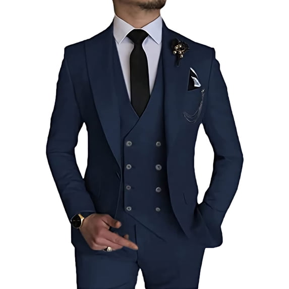 Men's Suit Slim Fit 3 Piece Suit Double Breasted Suit One Button Formal for Wedding Prom Suits Navy 5XL