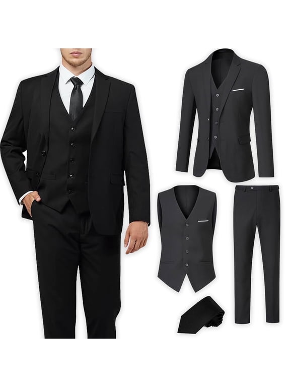 Men's Suit Slim Fit 3 Pieces Suit Set, Business Casual Suits for Men Two Button Soild Jacket Vest Pants Set with Tie