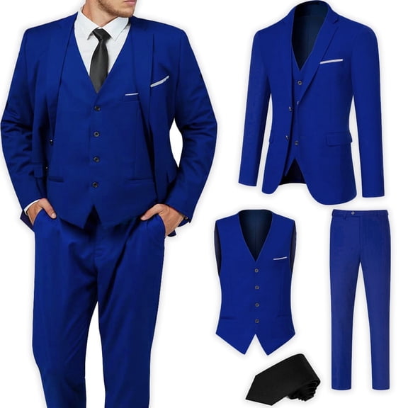 Men's Suit Slim Fit 3 Pieces Suit Set, Business Casual Suits for Men Two Button Soild Jacket Vest Pants Set with Tie
