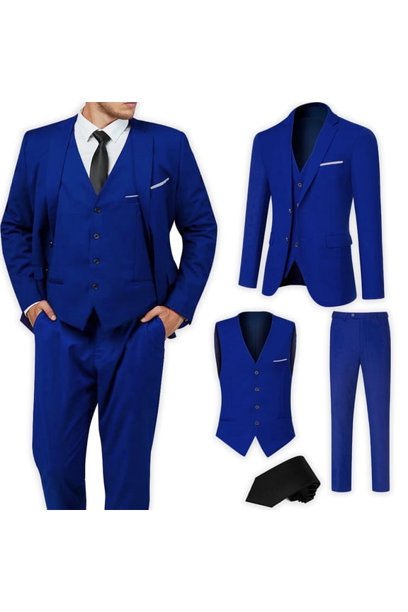 Men's Suit Slim Fit 3 Pieces Suit Set, Business Casual Suits for Men Two Button Soild Jacket Vest Pants Set with Tie
