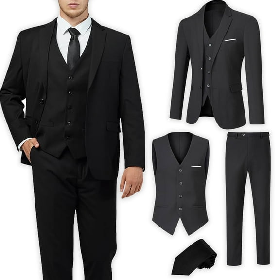 Men's Suit Slim Fit 3 Pieces Suit Set, Business Casual Suits for Men Two Button Soild Jacket Vest Pants Set with Tie