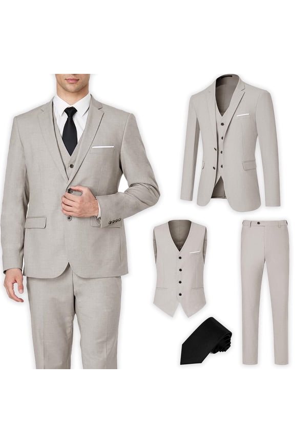 Men's Suit Slim Fit 3 Pieces Suit Set, Business Casual Suits for Men Two Button Soild Jacket Vest Pants Set with Tie