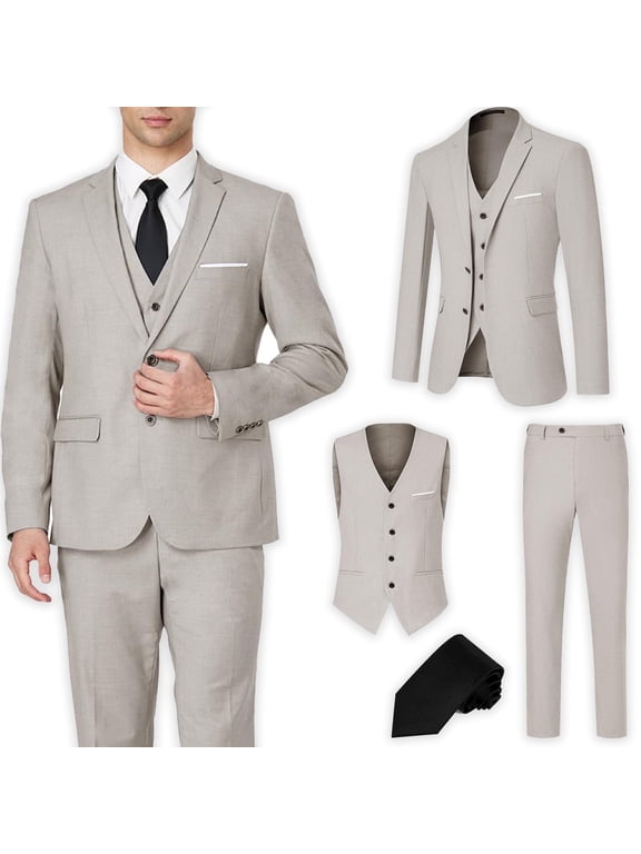Men's Suit Slim Fit 3 Pieces Suit Set, Business Casual Suits for Men Two Button Soild Jacket Vest Pants Set with Tie