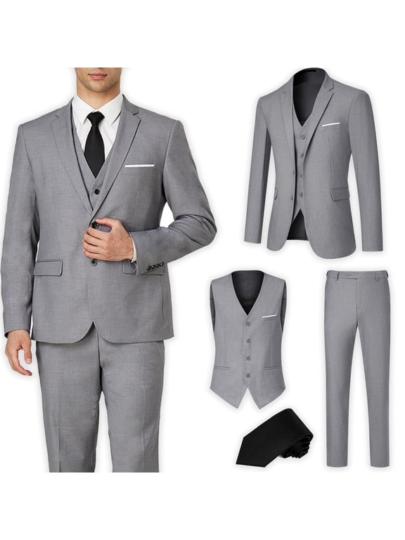 Men's Suit Slim Fit 3 Pieces Suit Set, Business Casual Suits for Men Two Button Soild Jacket Vest Pants Set with Tie