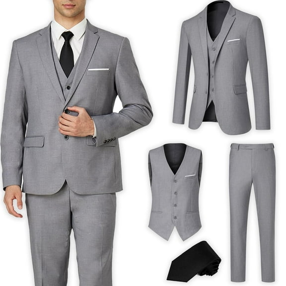 Men's Suit Slim Fit 3 Pieces Suit Set, Business Casual Suits for Men Two Button Soild Jacket Vest Pants Set with Tie