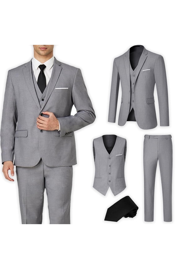 Men's Suit Slim Fit 3 Pieces Suit Set, Business Casual Suits for Men Two Button Soild Jacket Vest Pants Set with Tie
