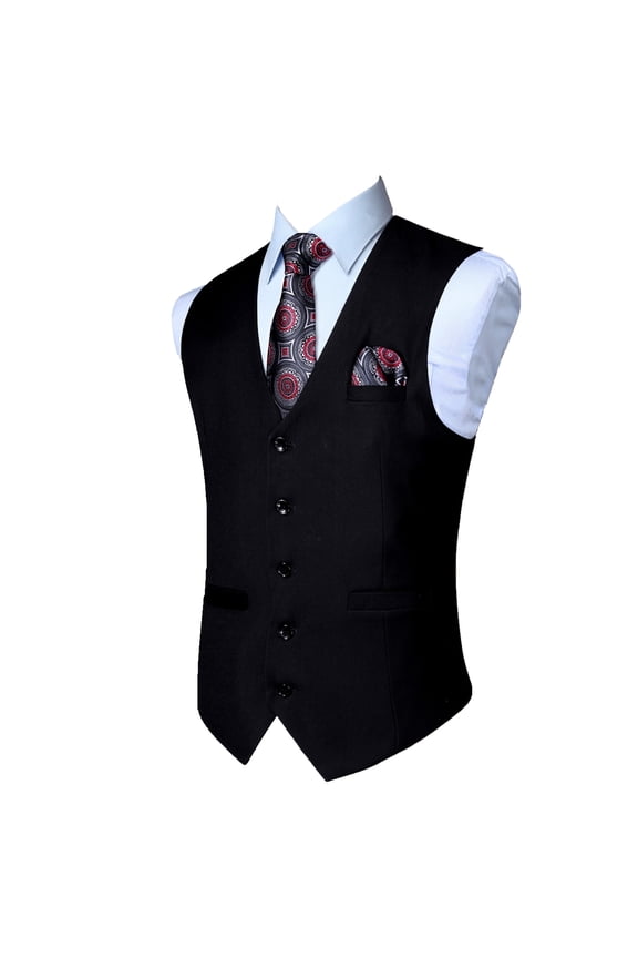Men's Suit Vest Black Business Formal Dress Waistcoat Vest with 3 Pockets for Suit or Tuxedo L