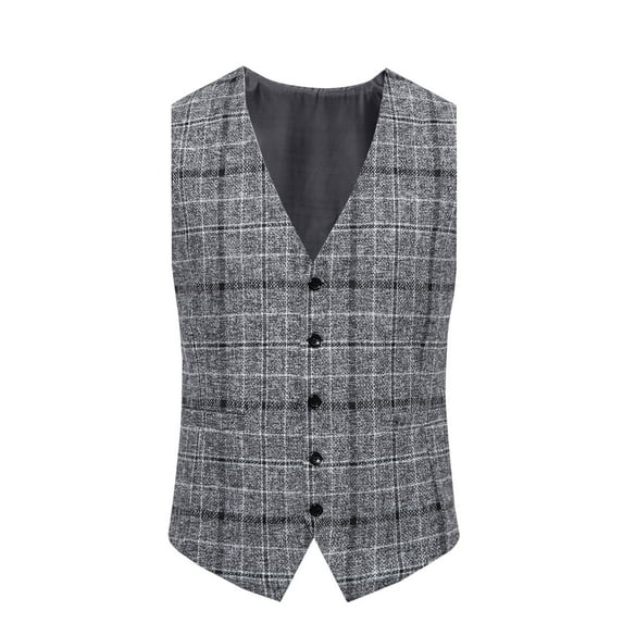 Men's Suit Vest Plaid Dress Vest Slim Fit Formal Business Waistcoat Tuxedo V-Neck Wool Blend Sleeveless Blazers