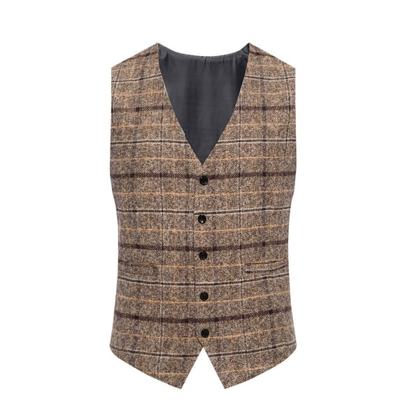 Men's Suit Vest Plaid Dress Vest Slim Fit Formal Business Waistcoat Tuxedo V-Neck Wool Blend Sleeveless Blazers