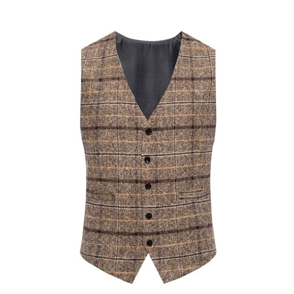 Men's Suit Vest Plaid Dress Vest Slim Fit Formal Business Waistcoat Tuxedo V-Neck Wool Blend Sleeveless Blazers