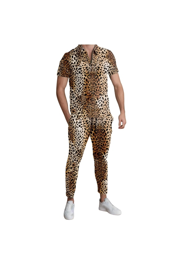 Men's Suits Long Sleeved Two Piece Leopard Print Lapel Fashion Casual Half Zip Casual Sports Sets