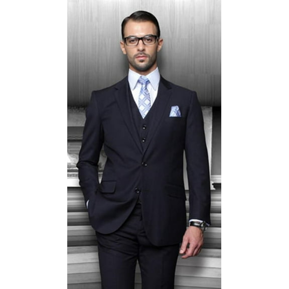 Men's Suits with Vest Dark Blue Three Piece Plain Color Vinci V2TR