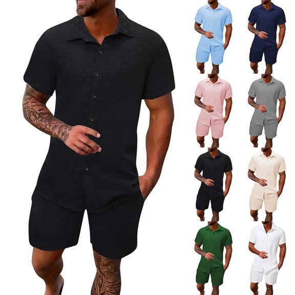 Men's Summer 2-Piece Set, Solid Color Jacquard Short Sleeve Button-Down Lapel Shirt and Shorts, Lightweight Casual Outfit For Vacation and Beach,Black,M