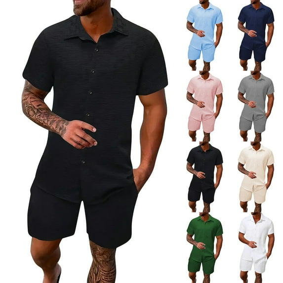 Men's Summer 2-Piece Set, Solid Color Jacquard Short Sleeve Button-Down Lapel Shirt and Shorts, Lightweight Casual Outfit For Vacation and Beach,Navy,2XL
