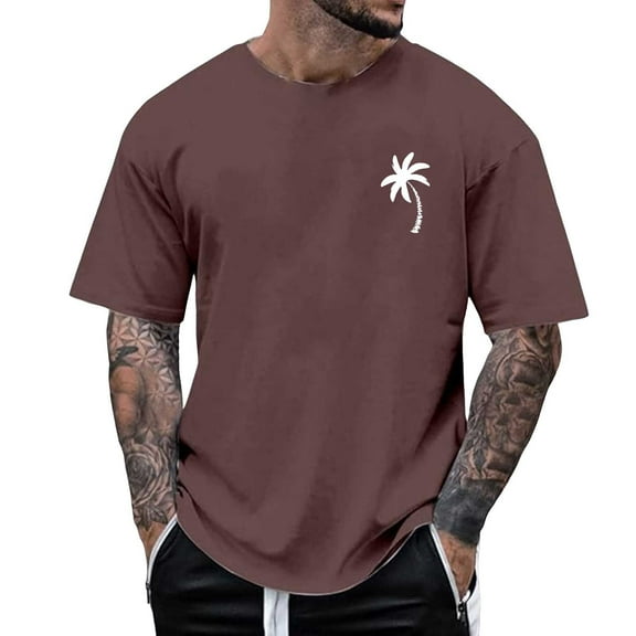 Men's Summer Beach Little Tree Print Short Sleeve Round Neck T Shirt, Polyester, Lightweight, Skin friendly, for Casual & Active Occasions
