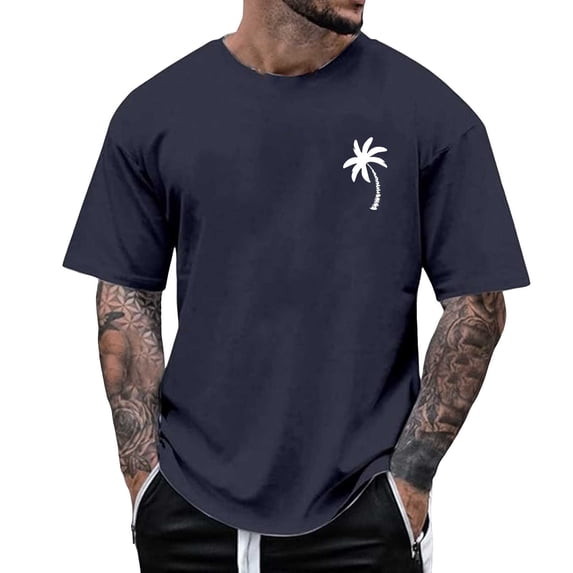 Men's Summer Beach Little Tree Print Short Sleeve Round Neck T Shirt, Polyester, Lightweight, Skin friendly, for Casual & Active Occasions
