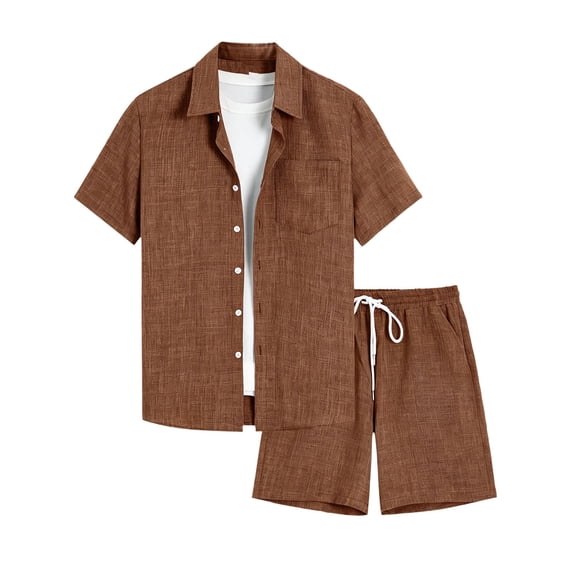 Men's Summer Beach Outfits 2 Piece Short Sleeve Button Down Shirts with Pocket and Shorts Vacation Sets for Men Coffee