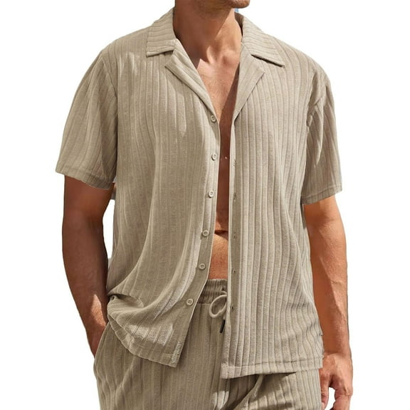 Men's Summer Beach Shirt Short Sleeve Button Down Textured Casual Shirts Solid Color Cardigan Tops with Pocket