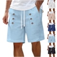 thumbnail image 1 of Men's Summer Beach Shorts Button Detail 8" Inseam Woven Texture Casual Bermuda Short Pants Elastic Waist Drawstring Above Knee for Tropical Vacation, 1 of 9