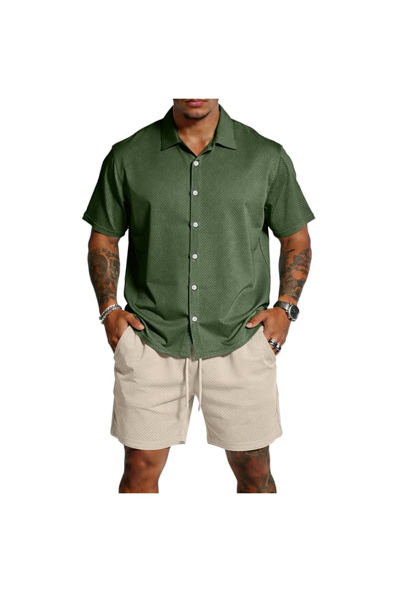 Men's Summer Beach Vacation Outfit Set, 2 Piece Short Sleeve Shirt & Shorts Matching Set, Casual Cruise Resort