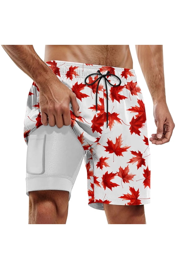 Men's Summer Board Shorts with Maple Leaf Print, Relaxed Fit Beach Swimwear for Everyday and Social Events, Lightweight and Stretchy Fabric